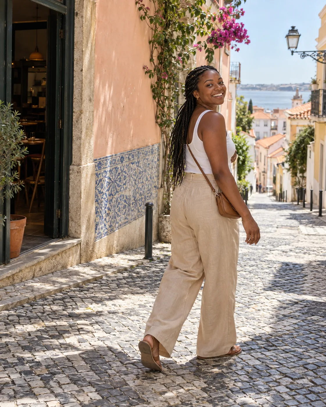 A traveler turning with a smile while exploring a city street