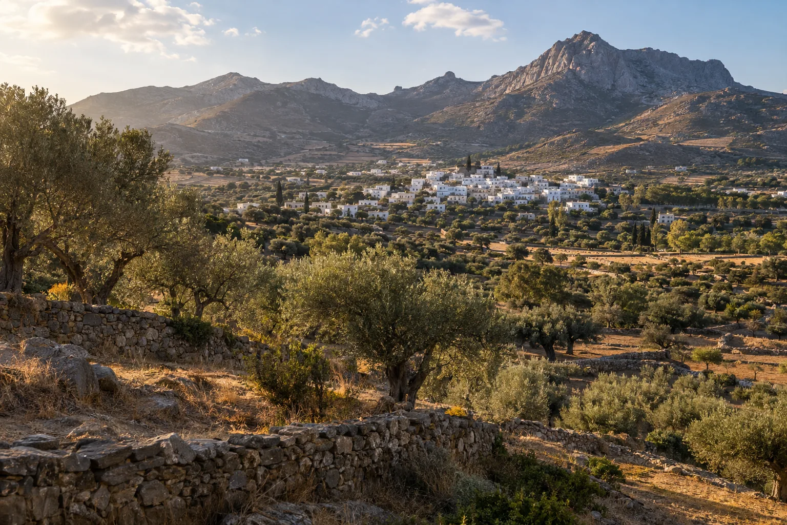 An interpretation of Naxos’s inland terraces and olive-growing landscape.