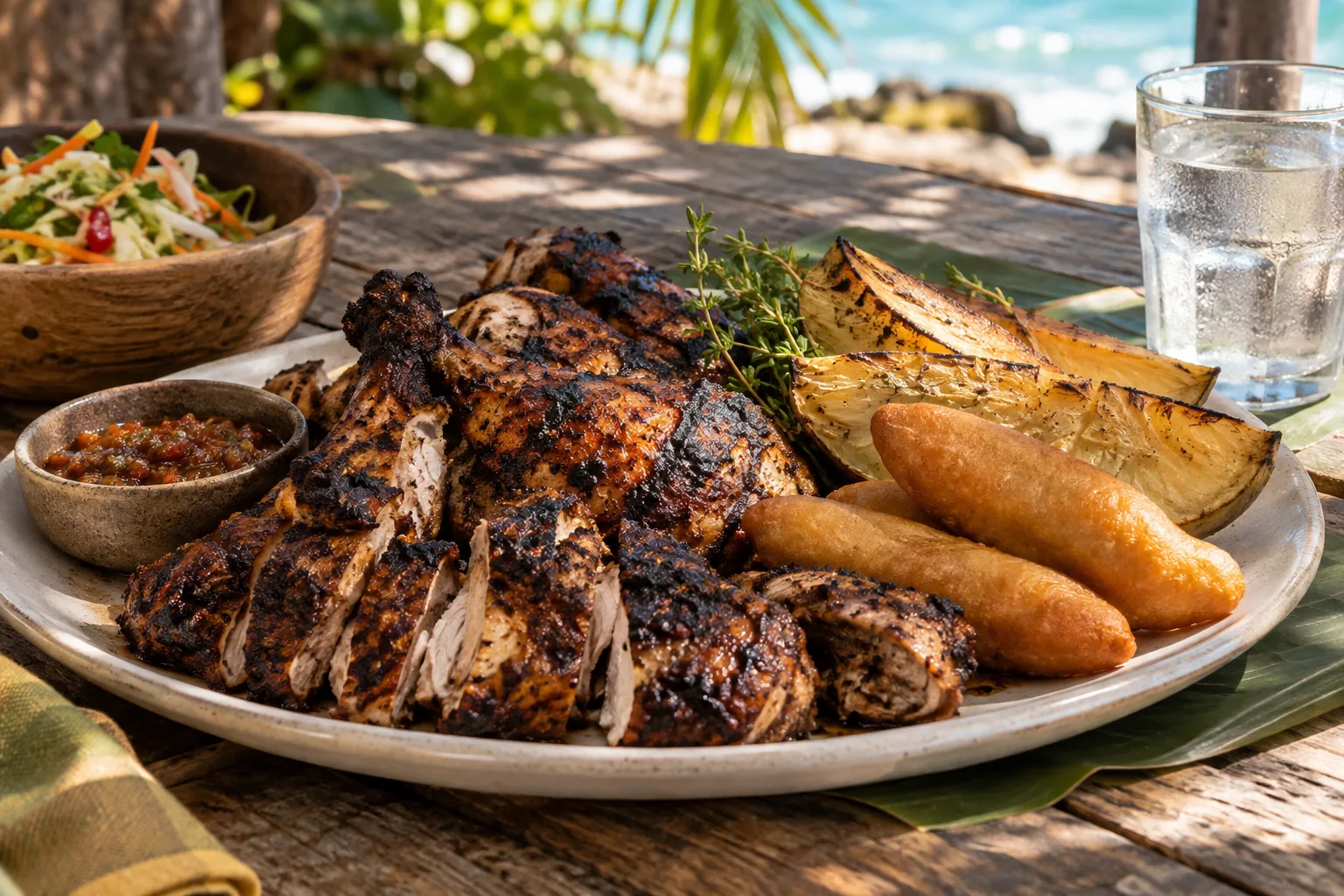 Jerk chicken, festival, and breadfruit. An original food illustration, not a restaurant endorsement.