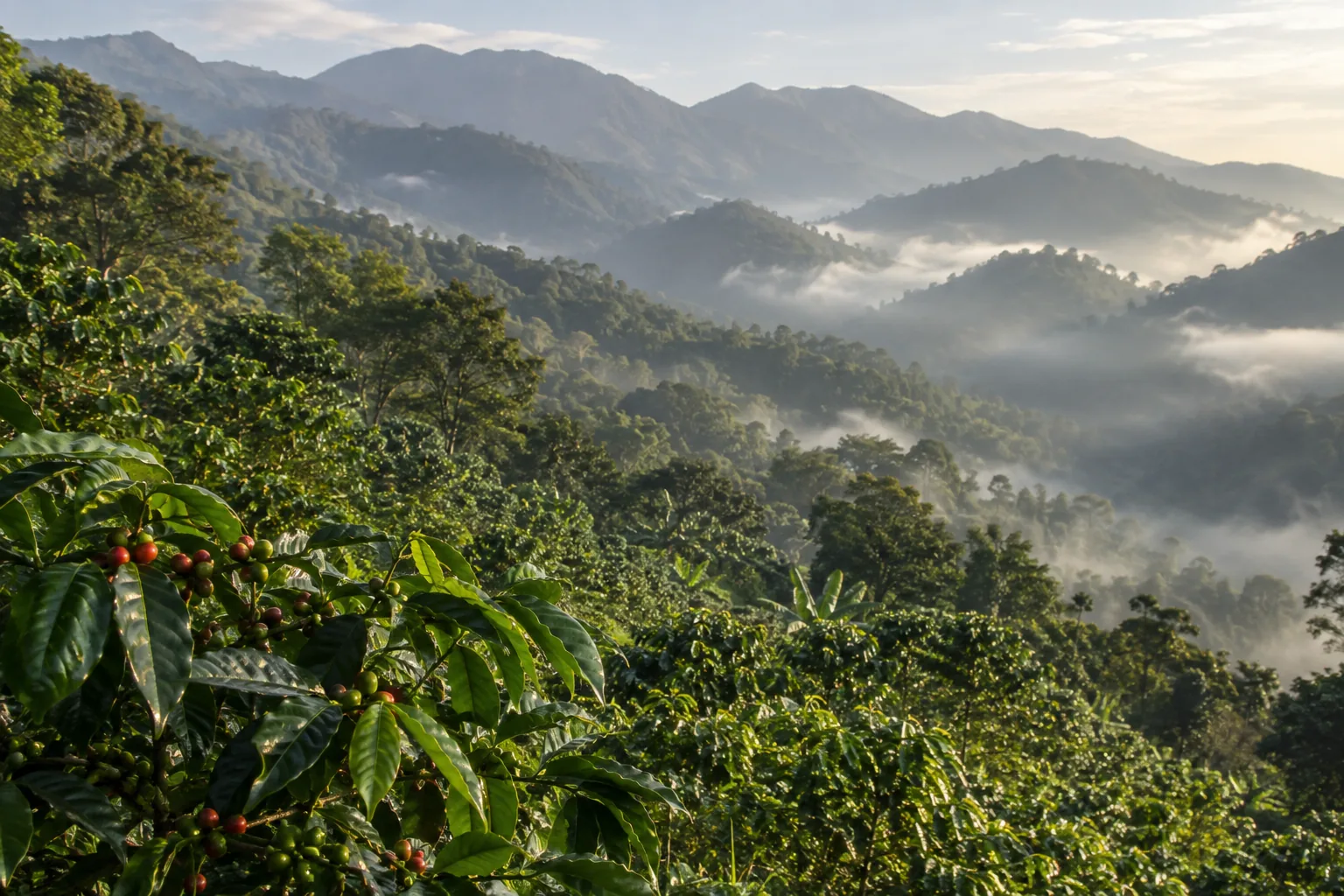 Blue Mountain ridgelines and coffee-growing country, rendered as an editorial illustration.