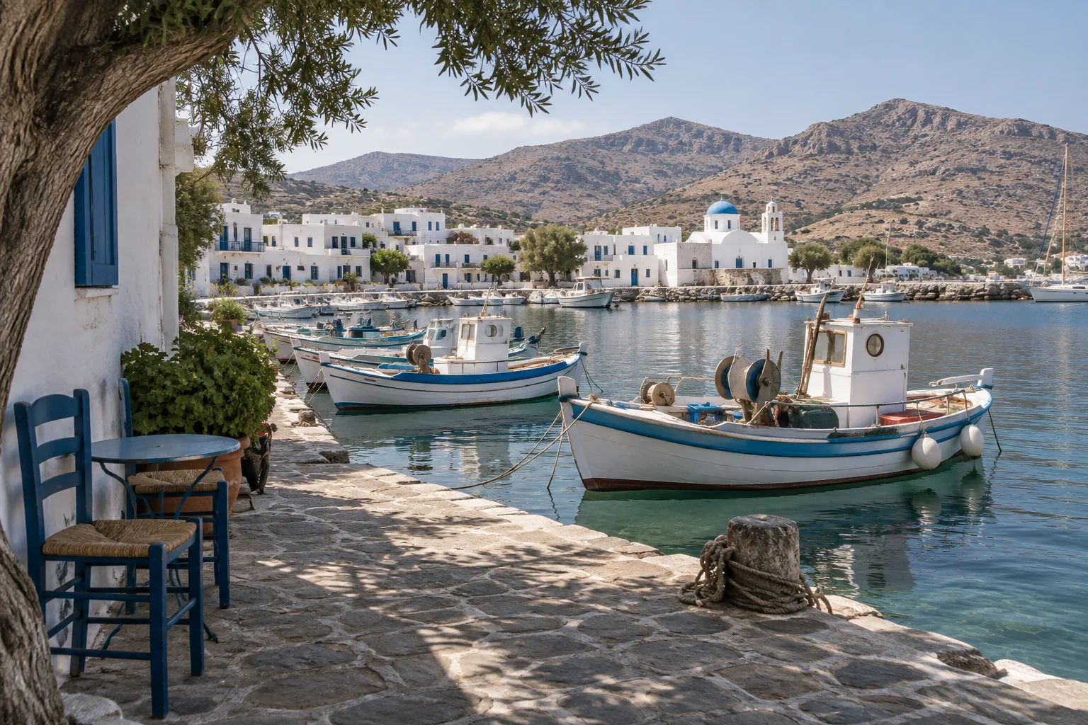 Fishing boats in a Greek island harbor