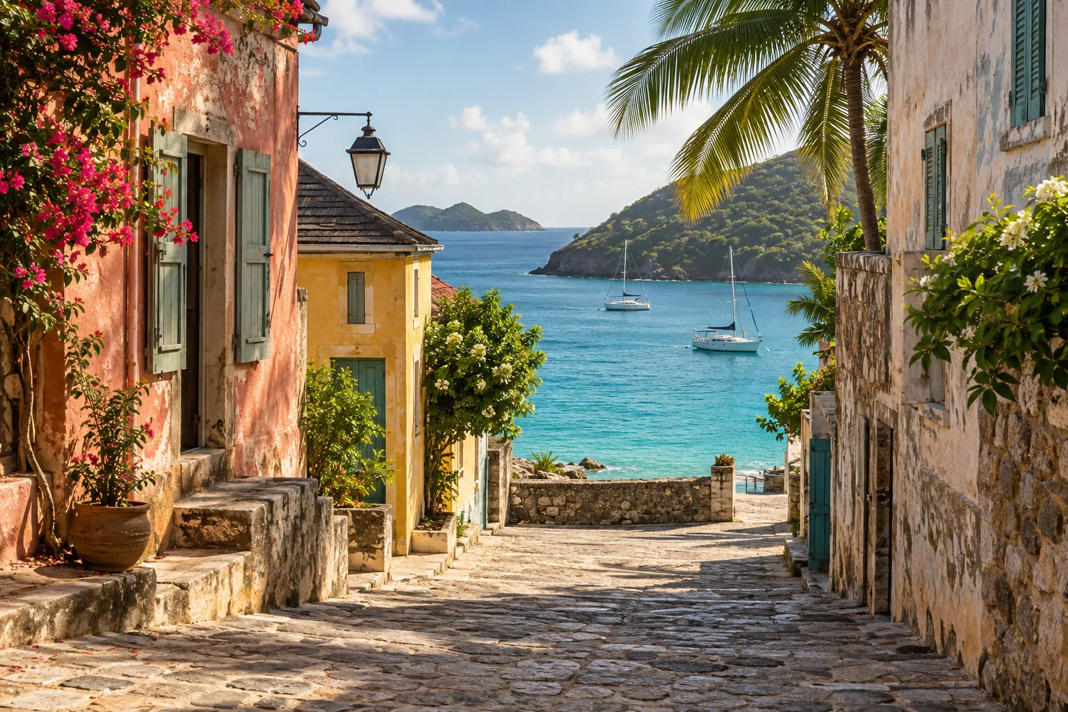A quiet Caribbean street opening toward the sea