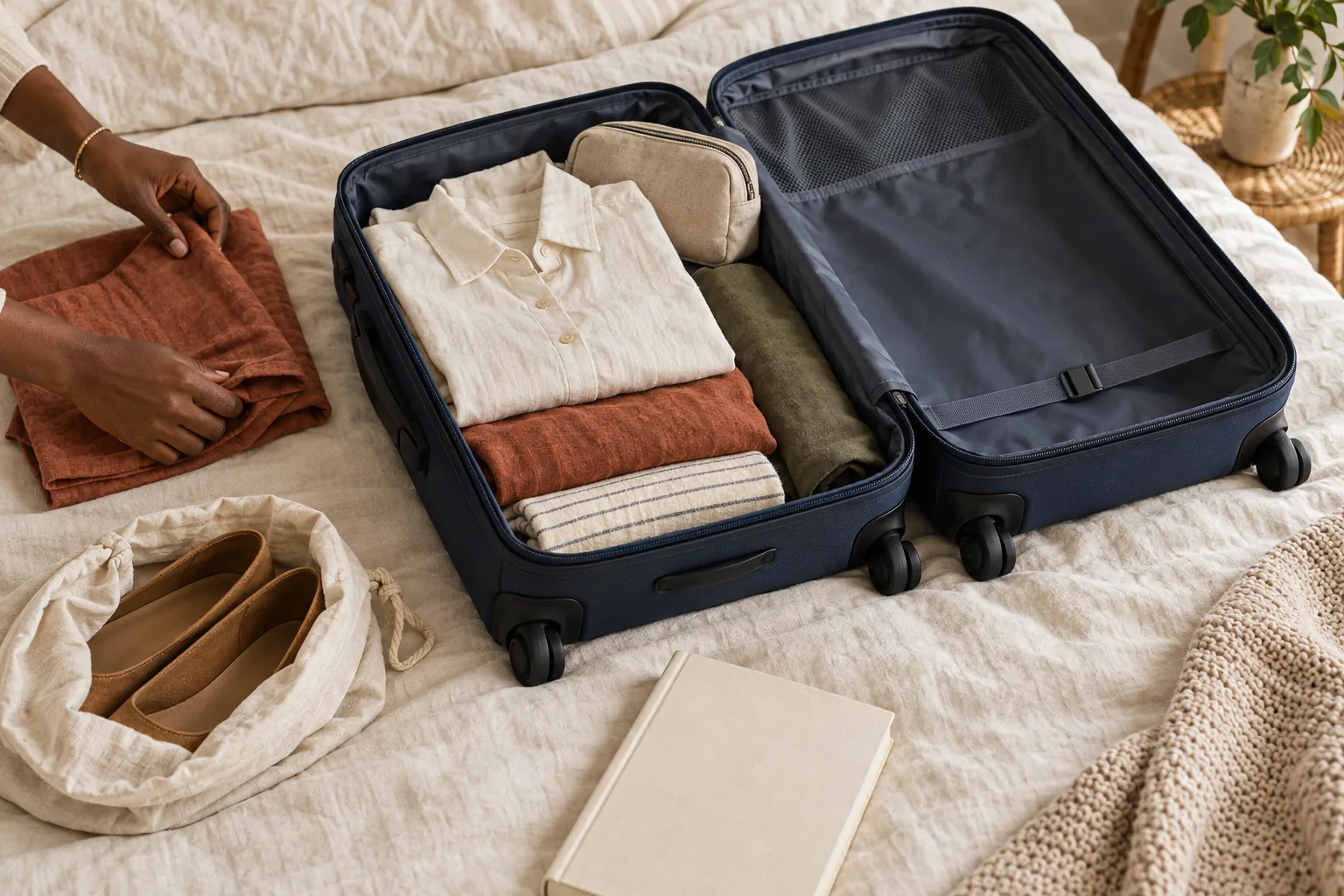 A considered start to packing for a warm-weather trip.