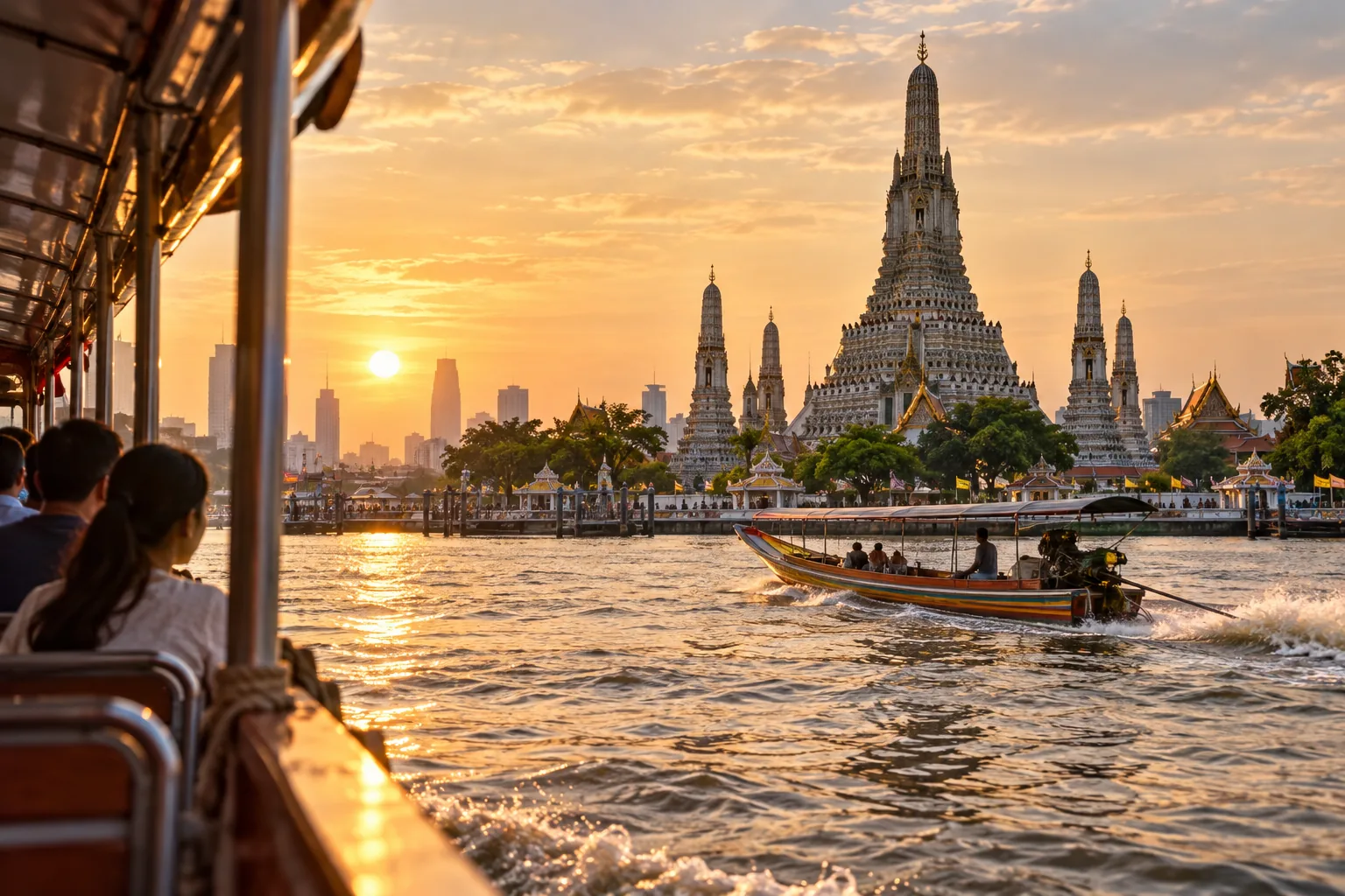 Bangkok’s river and temple skyline.