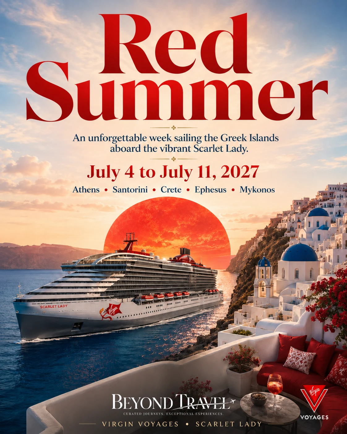 Red Summer campaign artwork: Greek Islands sailing, July 4 to July 11, 2027