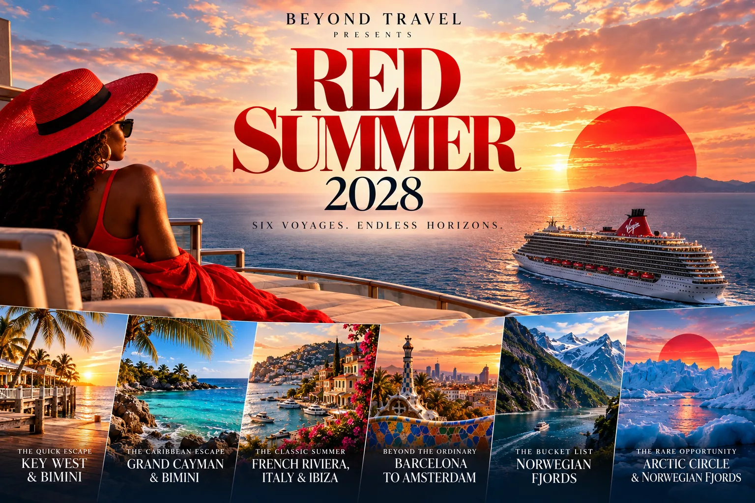 Beyond Travel presents Red Summer 2028: six Virgin Voyages sailings, from Key West and Bimini to the Arctic Circle and Norwegian Fjords.