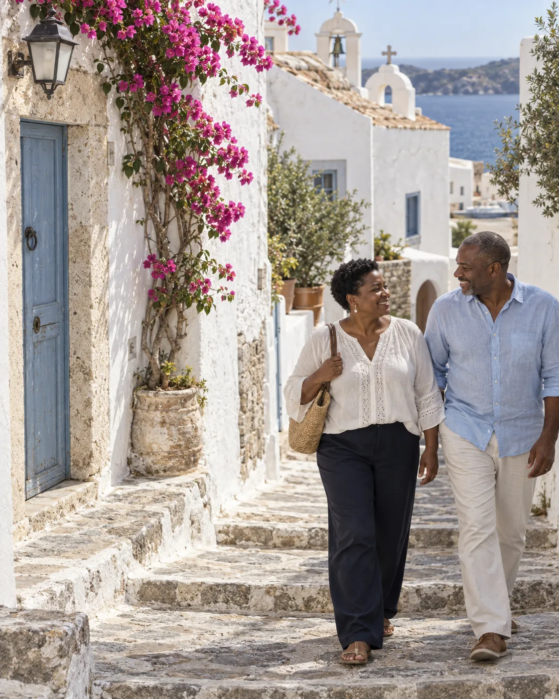 A couple exploring a Mediterranean village