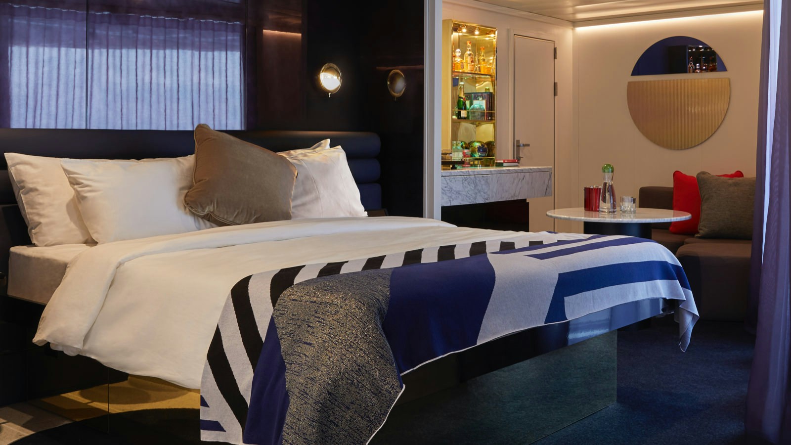 Official Virgin Voyages Cheeky Corner Suite bedroom