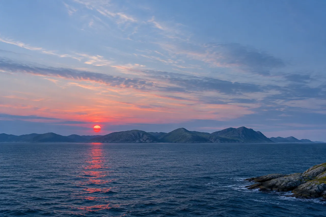 Editorial artwork of open northern Norwegian water, distant bare hills, and a small red sun. No aurora or ice fields.