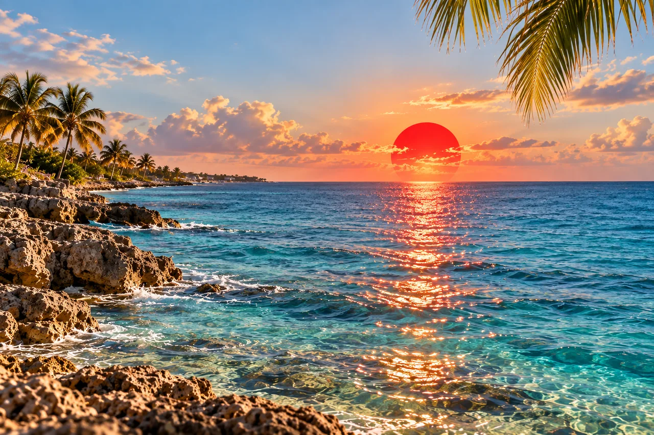 Editorial artwork of a Caribbean rocky shore, blue water, and a red sun reflected across the sea.