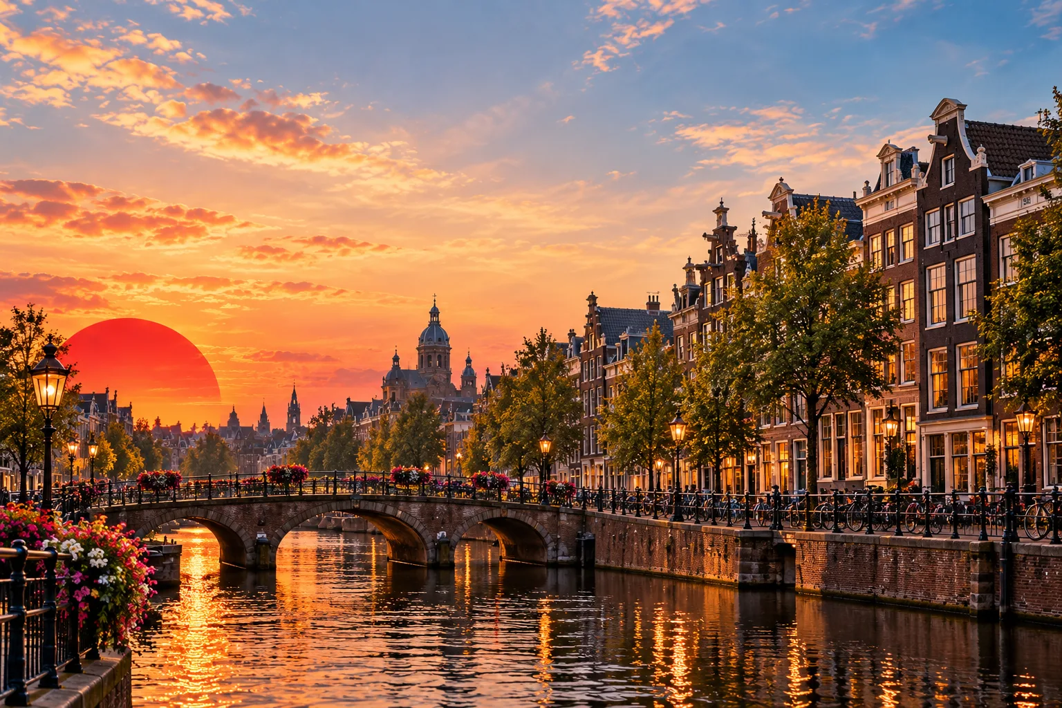 Illustrative Amsterdam canal artwork representing the final city of the Barcelona-to-Amsterdam journey.