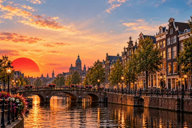 Illustrative Amsterdam canal artwork representing the final city of the Barcelona-to-Amsterdam journey.