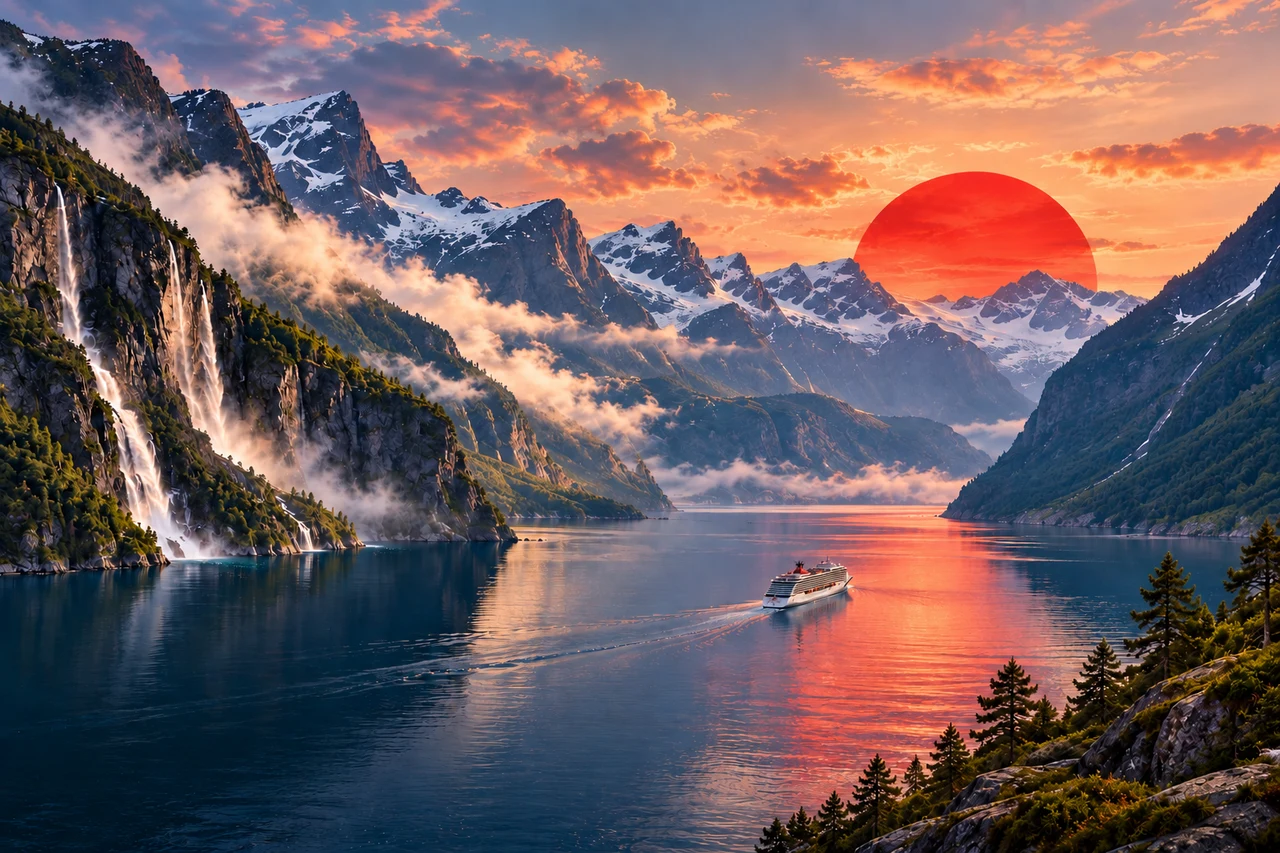 Editorial artwork of a deep Norwegian fjord beneath steep mountains and a red sun.