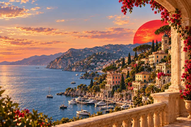 Editorial artwork of a Mediterranean marina framed by a stone terrace and a partially obscured red sun.