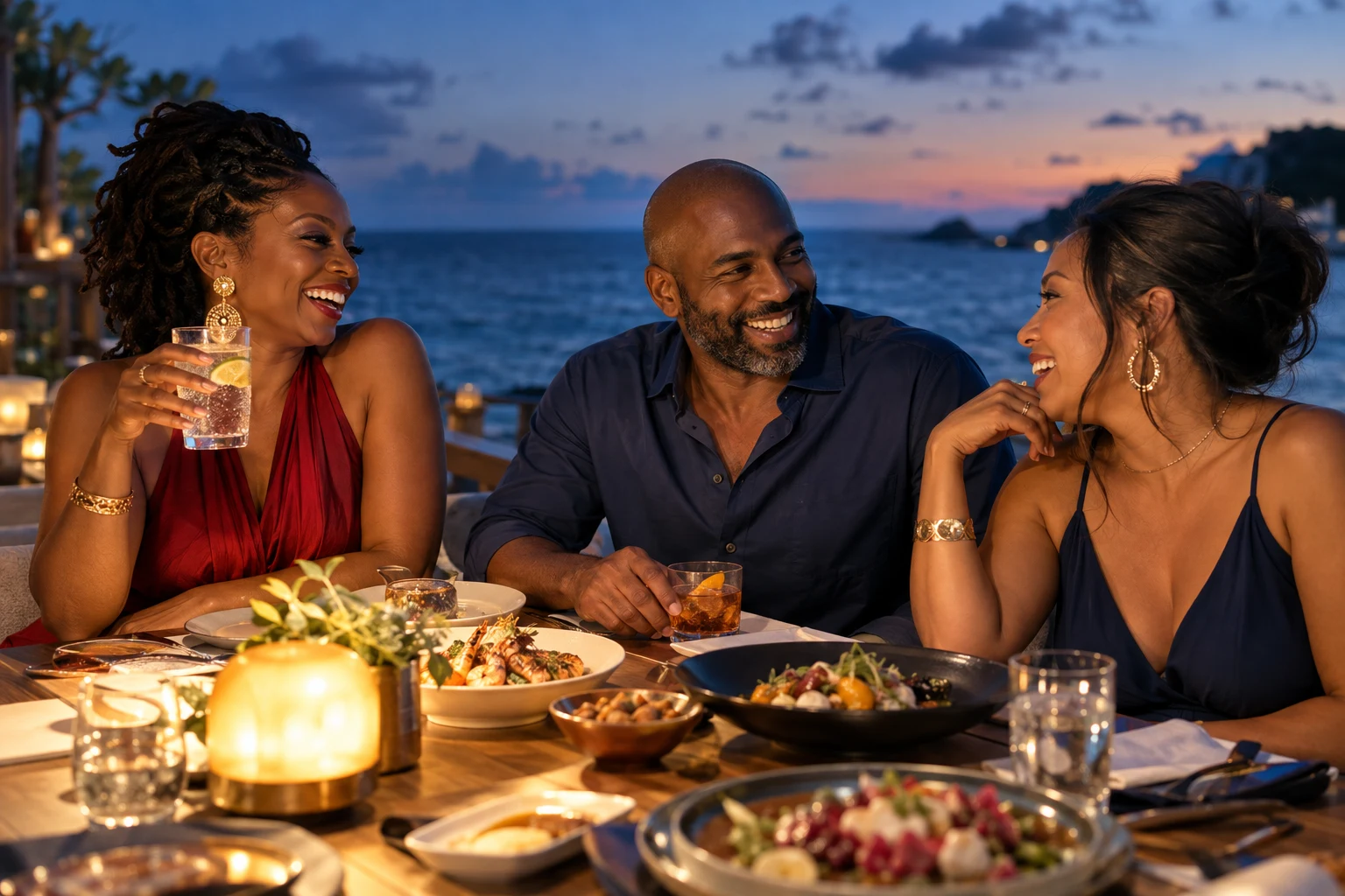Friends sharing a relaxed dinner beside the sea at blue hour