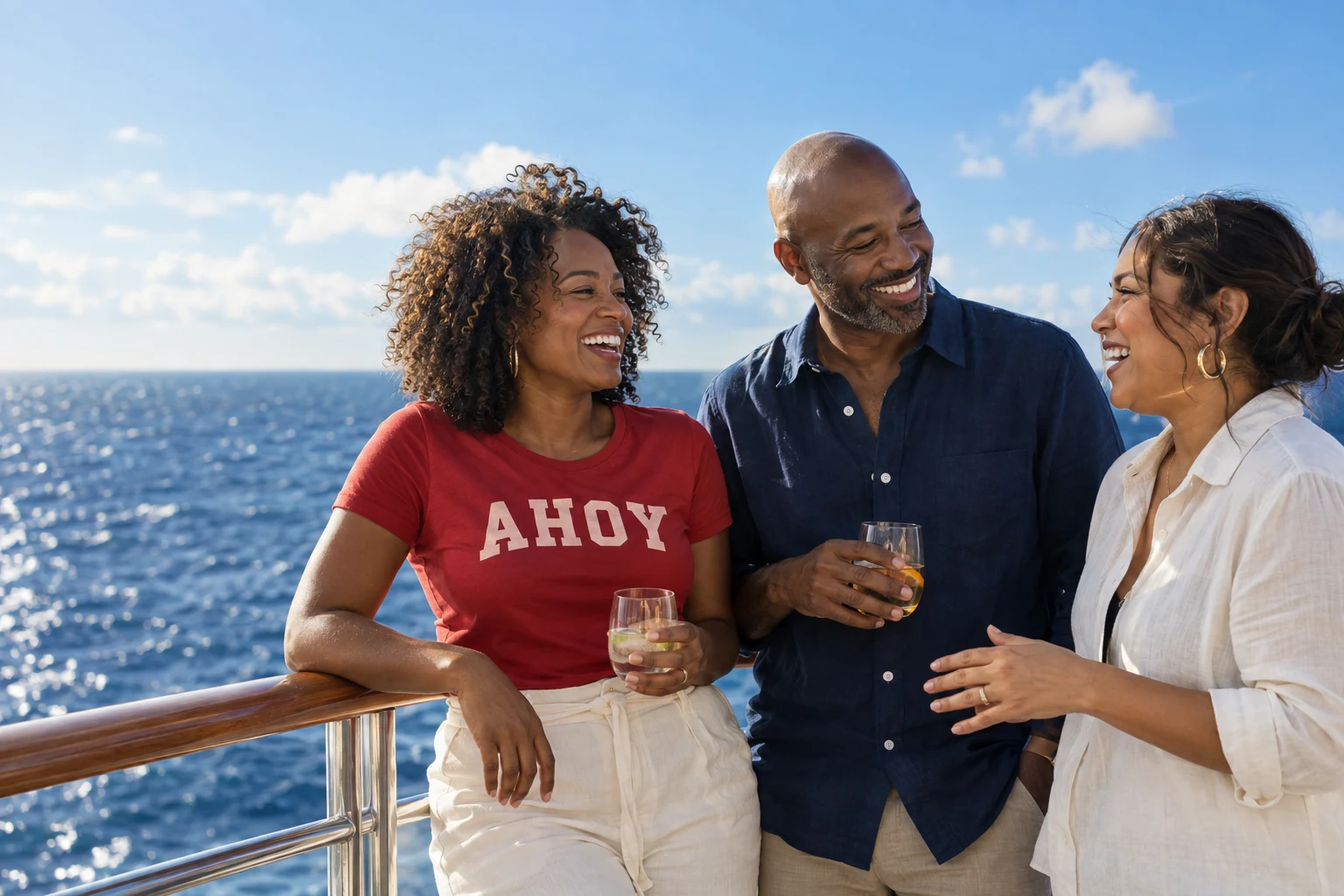 Friends in red, navy and ivory enjoying a conversation beside the sea