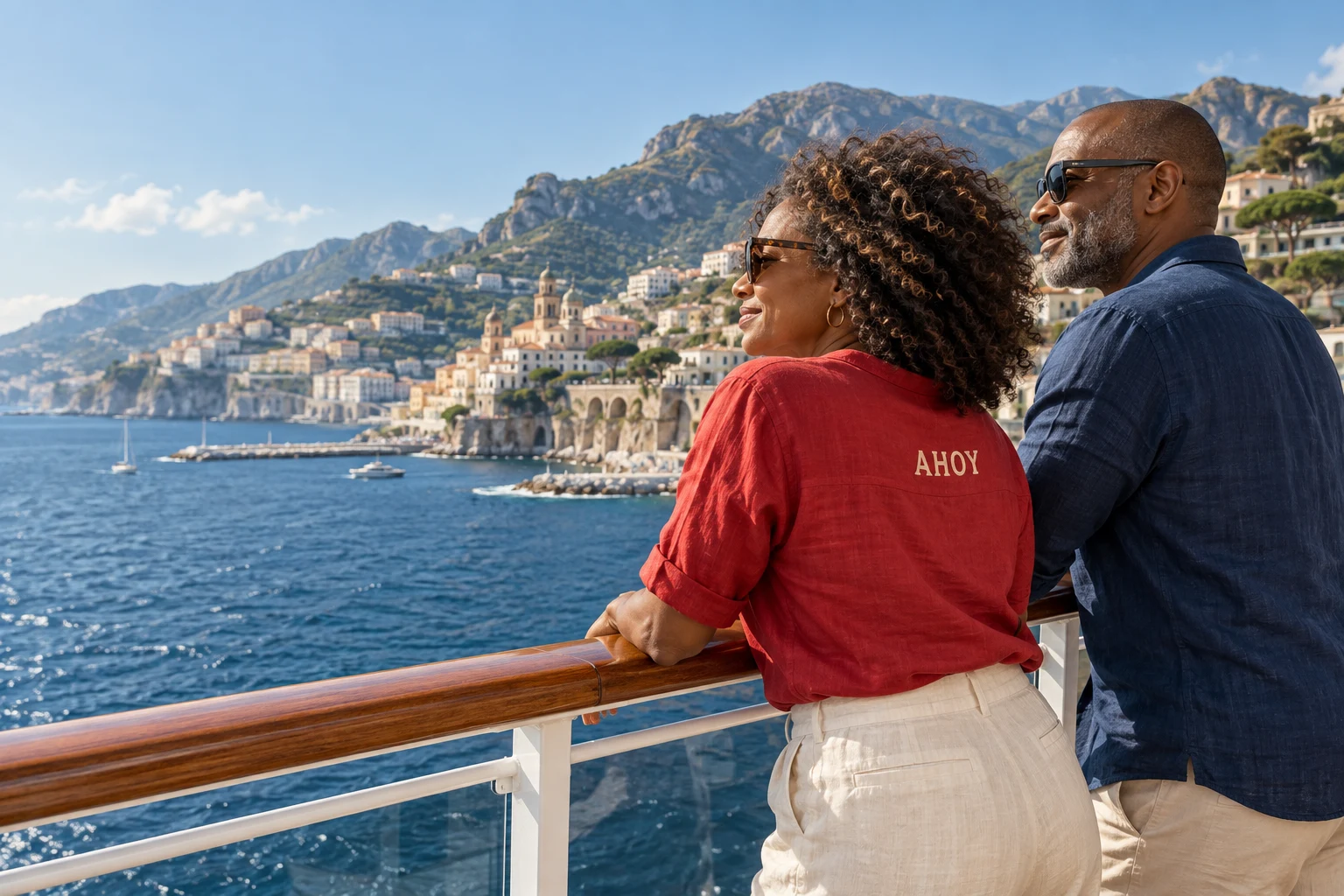 Two travelers enjoying the sea breeze with a Mediterranean coastline in the distance